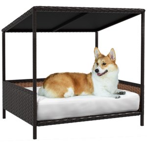 PawHut Wicker Rattan Indoor & Outdoor Covered Raised Medium Dog Sofa Bed, Brown/White, 33.5-in