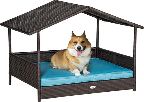 Show full view: PawHut Wicker Rattan Indoor & Outdoor Covered Small & Medium Dog Bed, 31.5-in, Blue slide 1 of 10