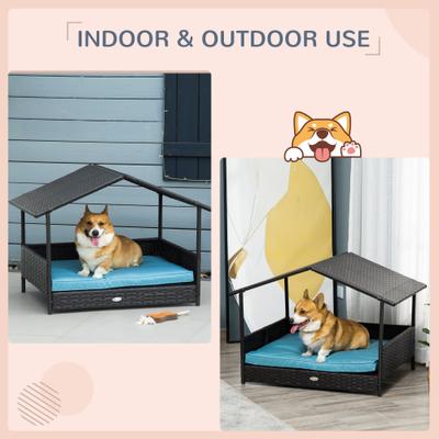 Show full view: PawHut Wicker Rattan Indoor & Outdoor Covered Small & Medium Dog Bed, 31.5-in, Blue slide 4 of 10