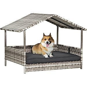 PawHut Wicker Rattan Indoor & Outdoor Covered Small & Medium Dog Bed, 31.5-in, Charcoal Gray
