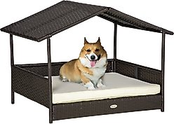 PawHut Wicker Rattan Indoor & Outdoor Covered Small & Medium Dog Bed, 31.5-in, Cream White