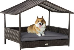 PawHut Wicker Rattan Indoor & Outdoor Covered Small & Medium Dog Bed, 31.5-in, Gray