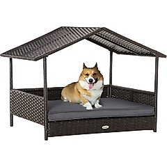 PawHut Wicker Rattan Indoor & Outdoor Covered Small & Medium Dog Bed, 31.5-in, Gray