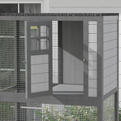 Show full view: PawHut Wooden Catio Outdoor Cat House with Wheels, Light Gray slide 9 of 9
