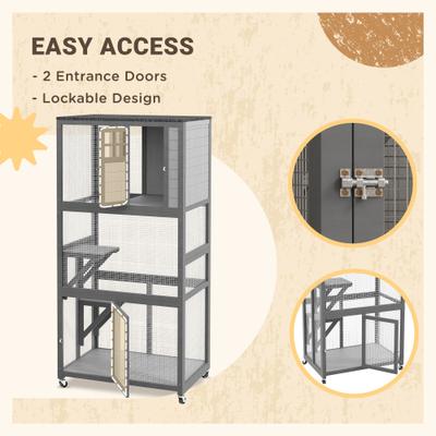 Show full view: PawHut Wooden Catio Outdoor Cat House with Wheels, Light Gray slide 7 of 9