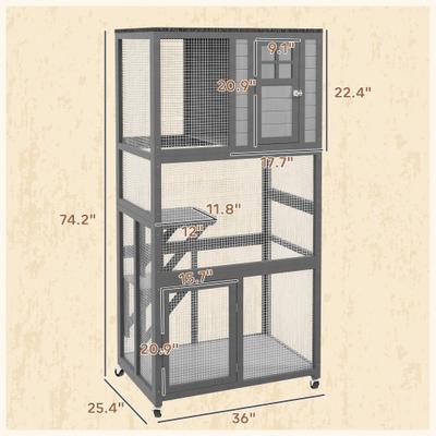 Show full view: PawHut Wooden Catio Outdoor Cat House with Wheels, Light Gray slide 3 of 9