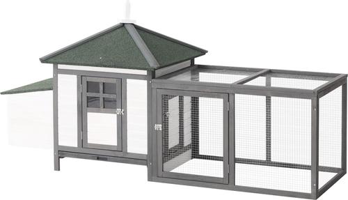 Show full view: PawHut Wooden Chicken Coop Hen House & Rabbit Hutch, White/Grey slide 2 of 10