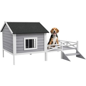 PawHut Wooden Dog House with Porch, Gray