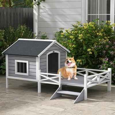 Show full view: PawHut Wooden Dog House with Porch, Gray slide 2 of 10