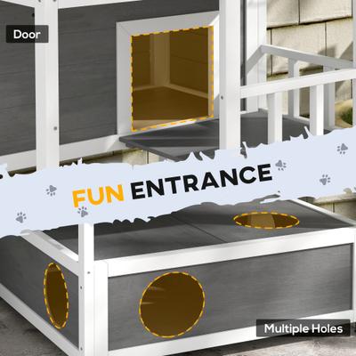 Show full view: PawHut Wooden Outdoor Cat House, Light Gray slide 6 of 10