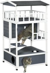 PawHut Wooden Outdoor Feral Cat House & Tree, Grey
