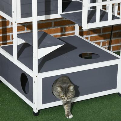 Show full view: PawHut Wooden Outdoor Feral Cat House & Tree, Grey slide 9 of 10