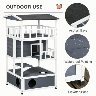 Show full view: PawHut Wooden Outdoor Feral Cat House & Tree, Grey slide 6 of 10