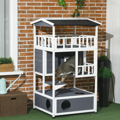 Show full view: PawHut Wooden Outdoor Feral Cat House & Tree, Grey slide 2 of 10