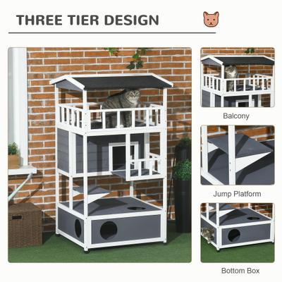 Show full view: PawHut Wooden Outdoor Feral Cat House & Tree, Grey slide 4 of 10