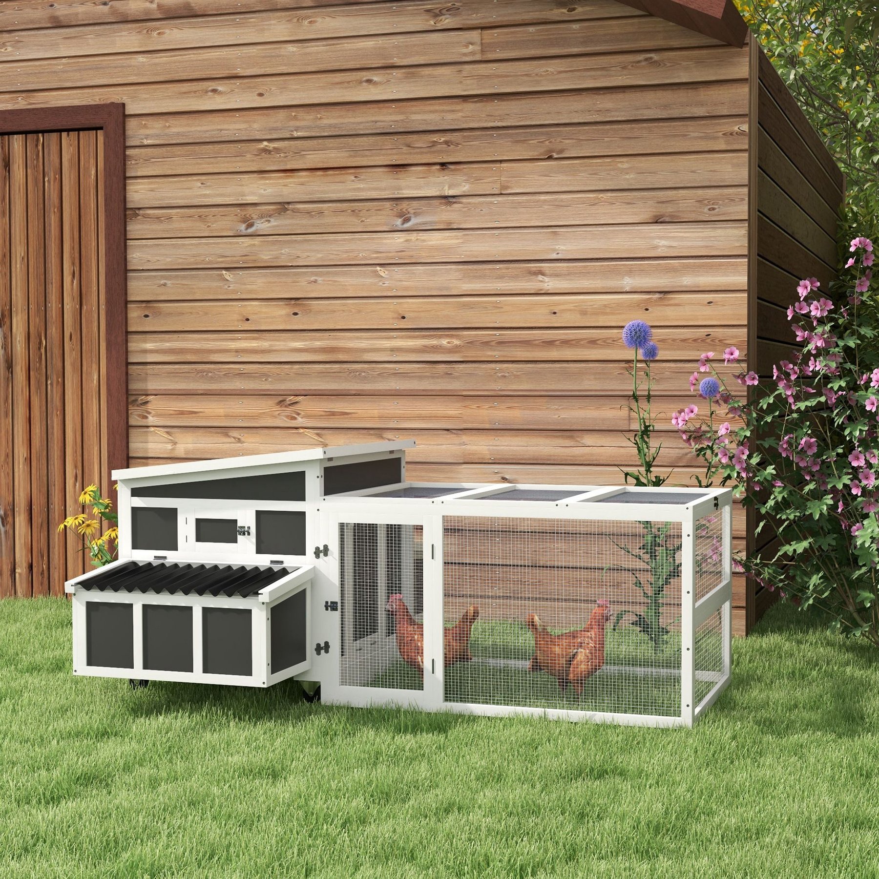 PawHut 118-in Wooden Chicken Coop, 2 Nesting Boxes, Lockable Doors, 4 Wheels, Dark Gray