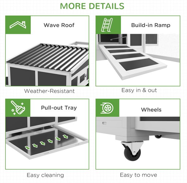PawHut 118-in Wooden Chicken Coop, 2 Nesting Boxes, Lockable Doors, 4 Wheels, Dark Gray