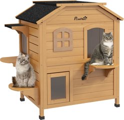 PawHut2-story Outdoor Feral Cat House, Natural Wood
