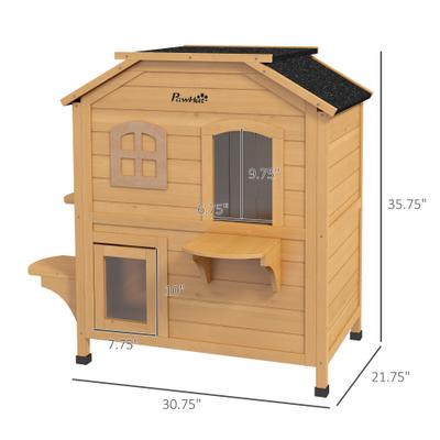 Show full view: PawHut2-story Outdoor Feral Cat House, Natural Wood slide 3 of 9