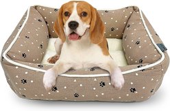 Paws & Decor All Over Paws & Dots Printed Cuddler Bolster Dog & Cat Bed, Taupe, Small