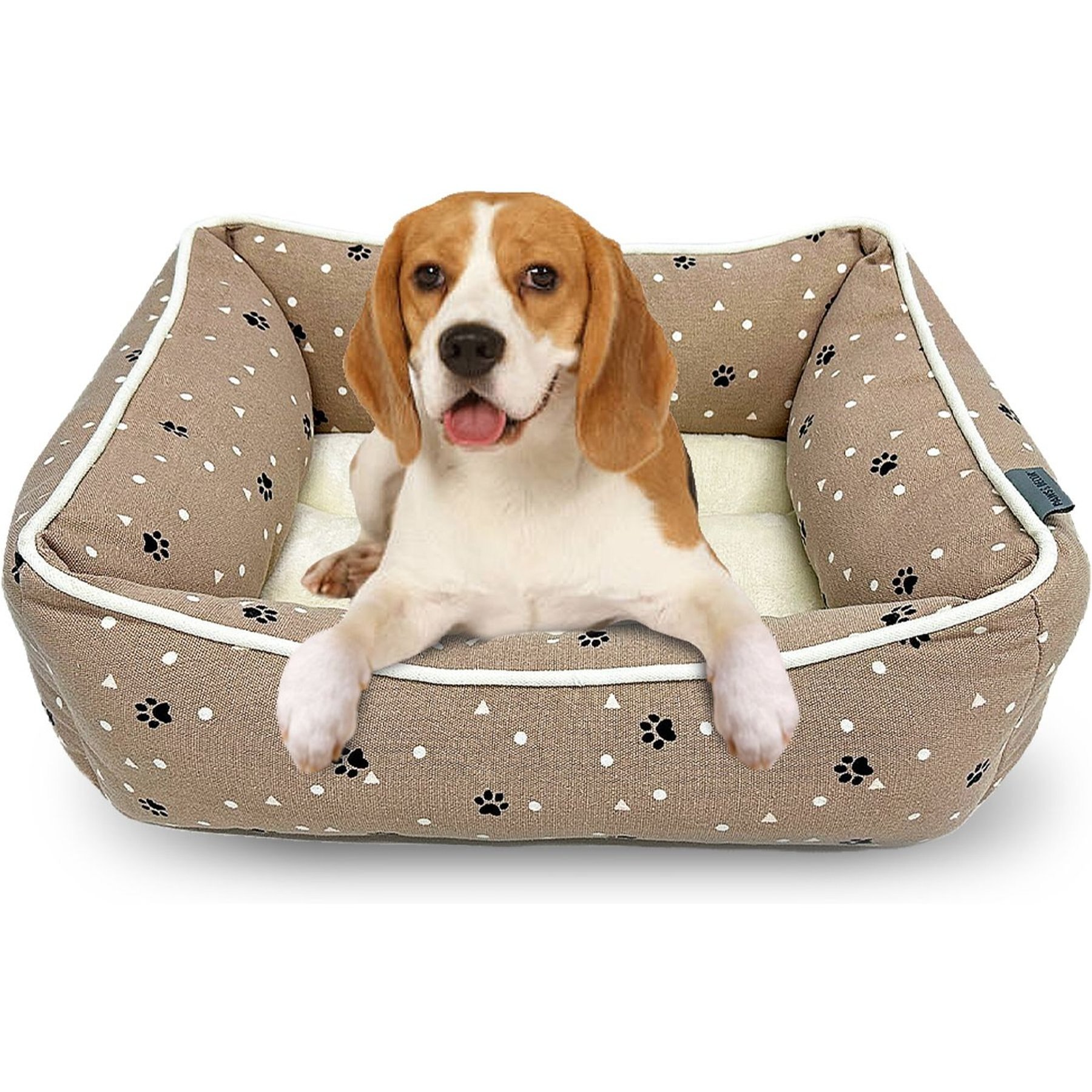 Paws & Decor All Over Paws & Dots Printed Cuddler Bolster Dog & Cat Bed, Taupe, Small