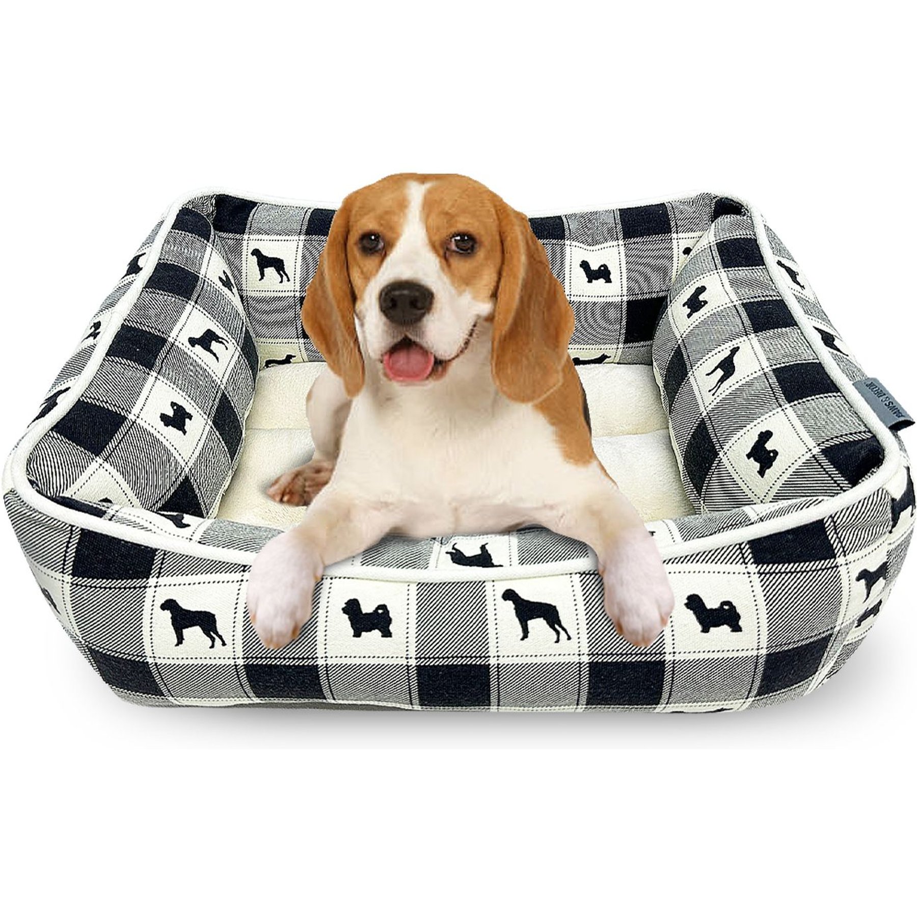 Paws & Decor All Over Plaid Printed Cuddler Bolster Dog & Cat Bed, Black, Small