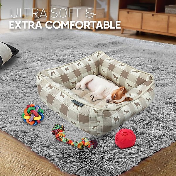 Show full view: Paws & Decor All Over Plaid Printed Cuddler Bolster Dog & Cat Bed, Taupe, Medium slide 7 of 9