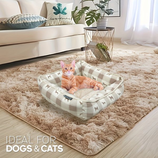 Show full view: Paws & Decor All Over Plaid Printed Cuddler Bolster Dog & Cat Bed, Taupe, Medium slide 8 of 9