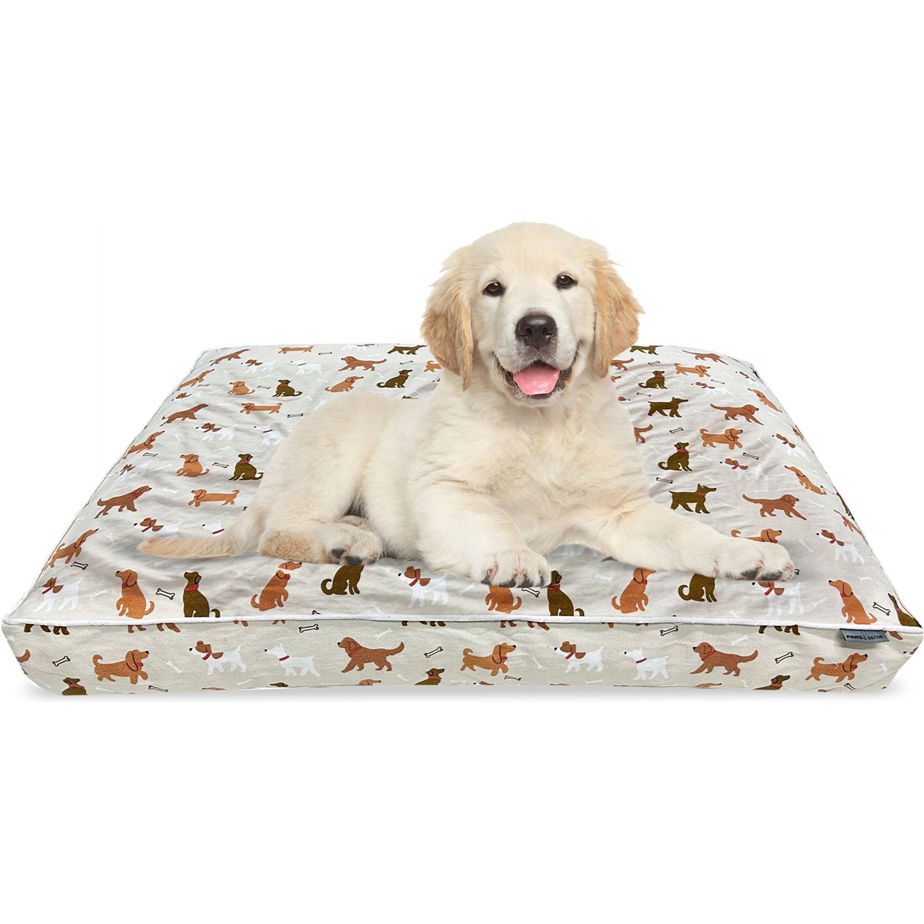Paws & Decor Dogs & Bones Printed Orthopedic Pillow Dog & Cat Bed with Removable Cover, Tan, Small