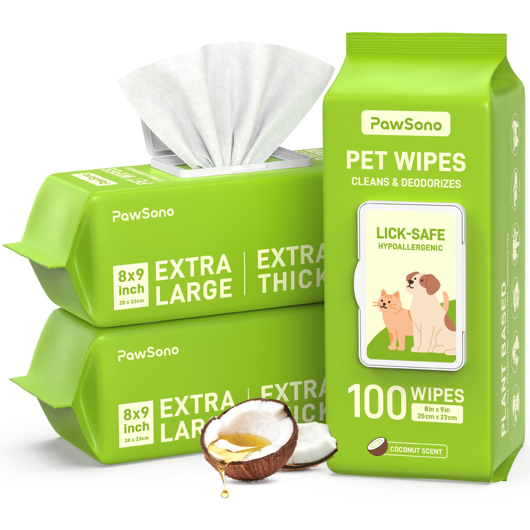 PawSono Thick Hypoallergenic Coconut Scented Dog & Cat Grooming Wipes, 300 count
