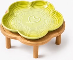 PawsPik Flower Ceramic Feeding Cat Plate with Raised Bamboo Stand, Green