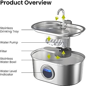 PawsPik SS-01 Stainless Steel Cat Fountain, 108.2-oz