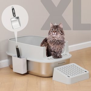 PawsPik Stainless Steel Cat Litter Box & Metal Scooper, X-Large, Light Gray