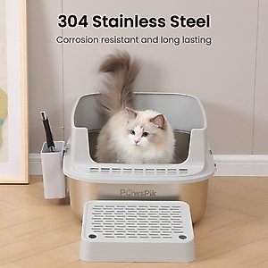 PawsPik Stainless Steel Cat Litter Box & Metal Scooper, X-Large, Light Gray