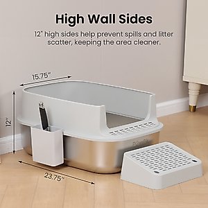 PawsPik Stainless Steel Cat Litter Box & Metal Scooper, X-Large, Light Gray