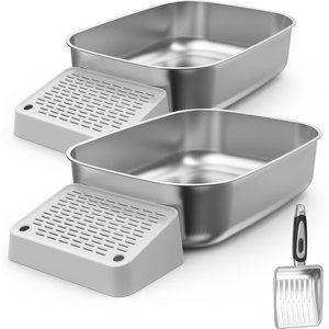 PawsPik Stainless Steel Cat Litter Box with Steps & Metal Scooper, X-Large, 2 pack