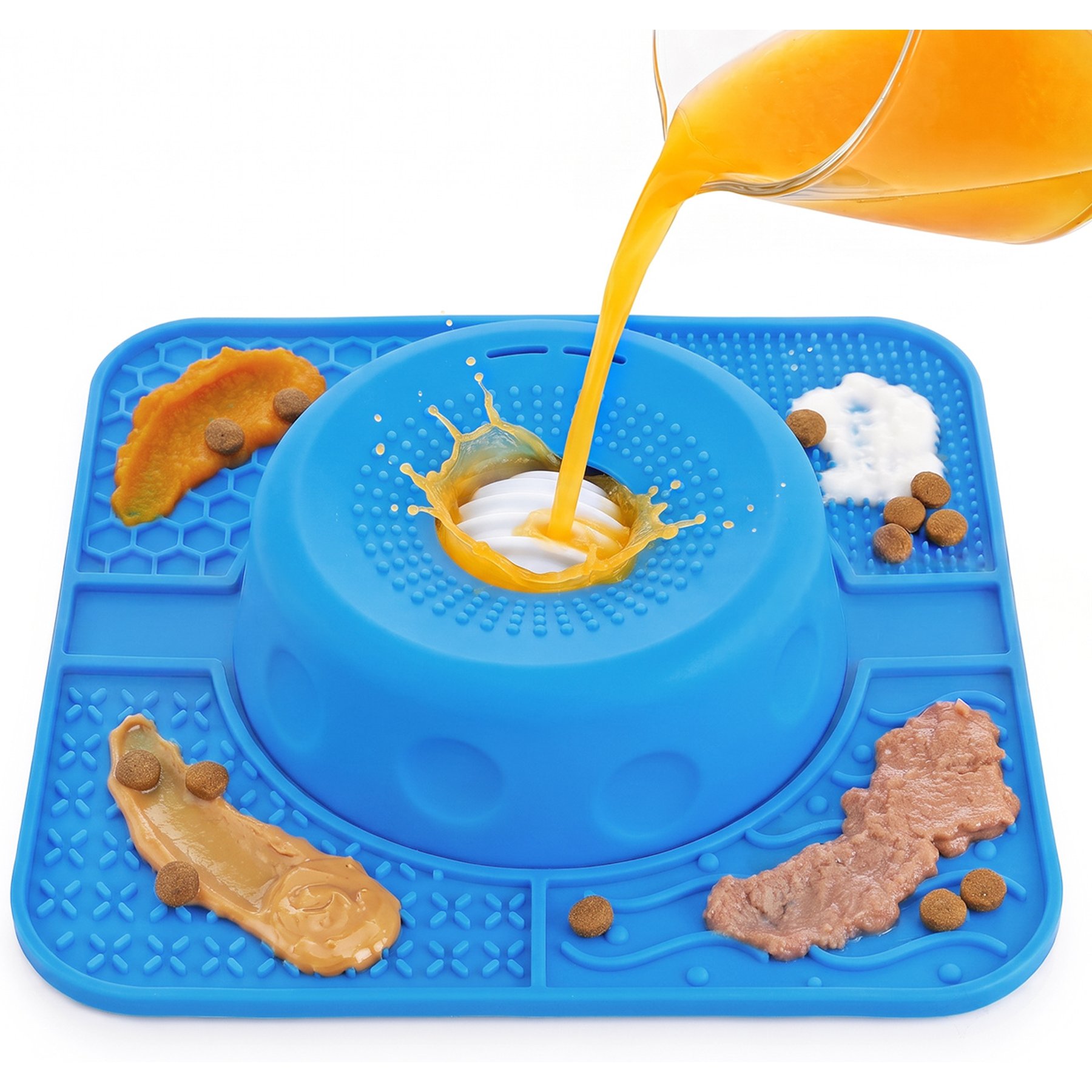 Pawtasy Silicone Dog Bowl Slow Feeder Lick Mat with Rolling Ball, 1-cup, Blue