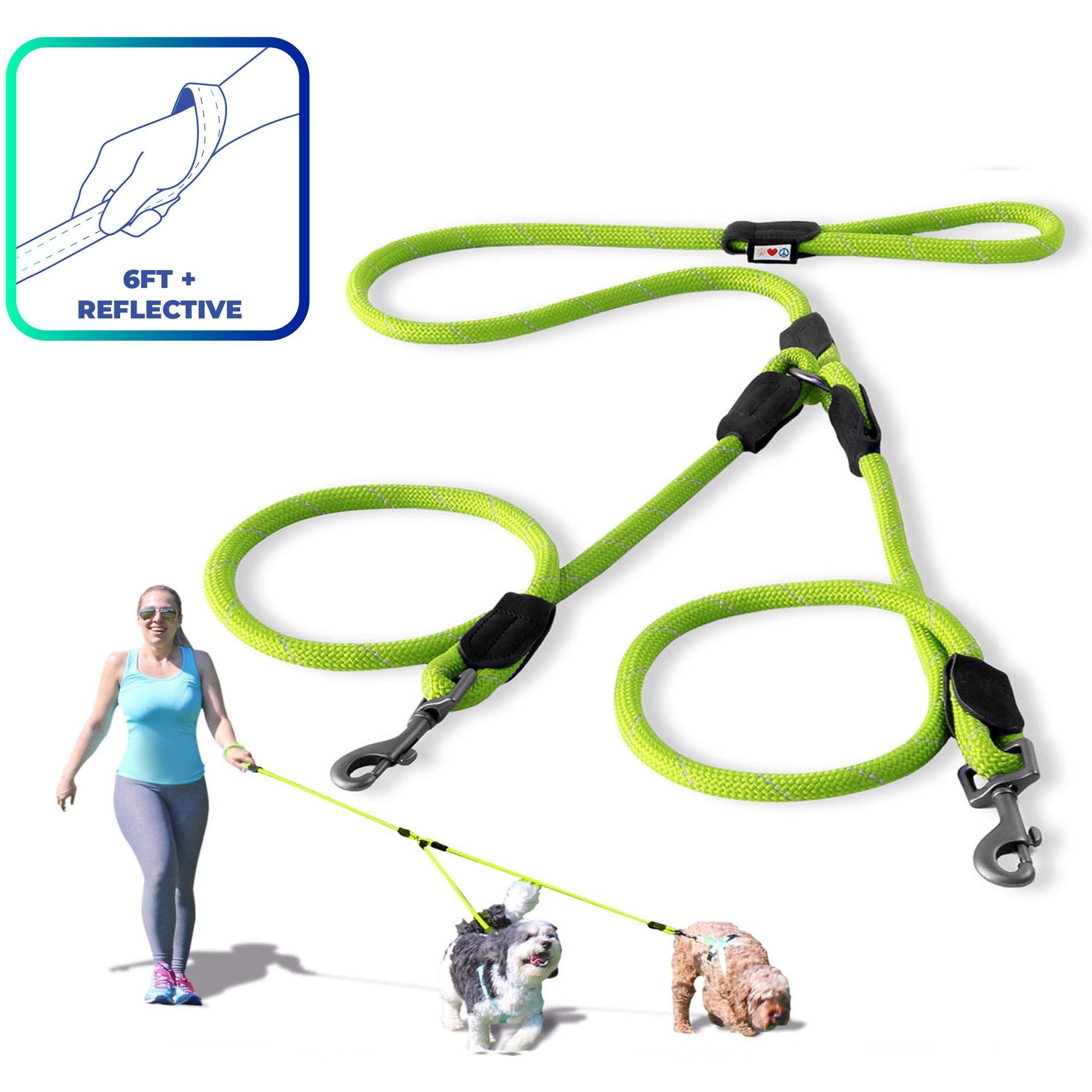 Pawtitas 2 Dog Reflective Rope Dog Leash, Green, Large
