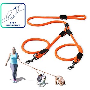 Pawtitas 2 Dog Reflective Rope Dog Leash, Orange, Large