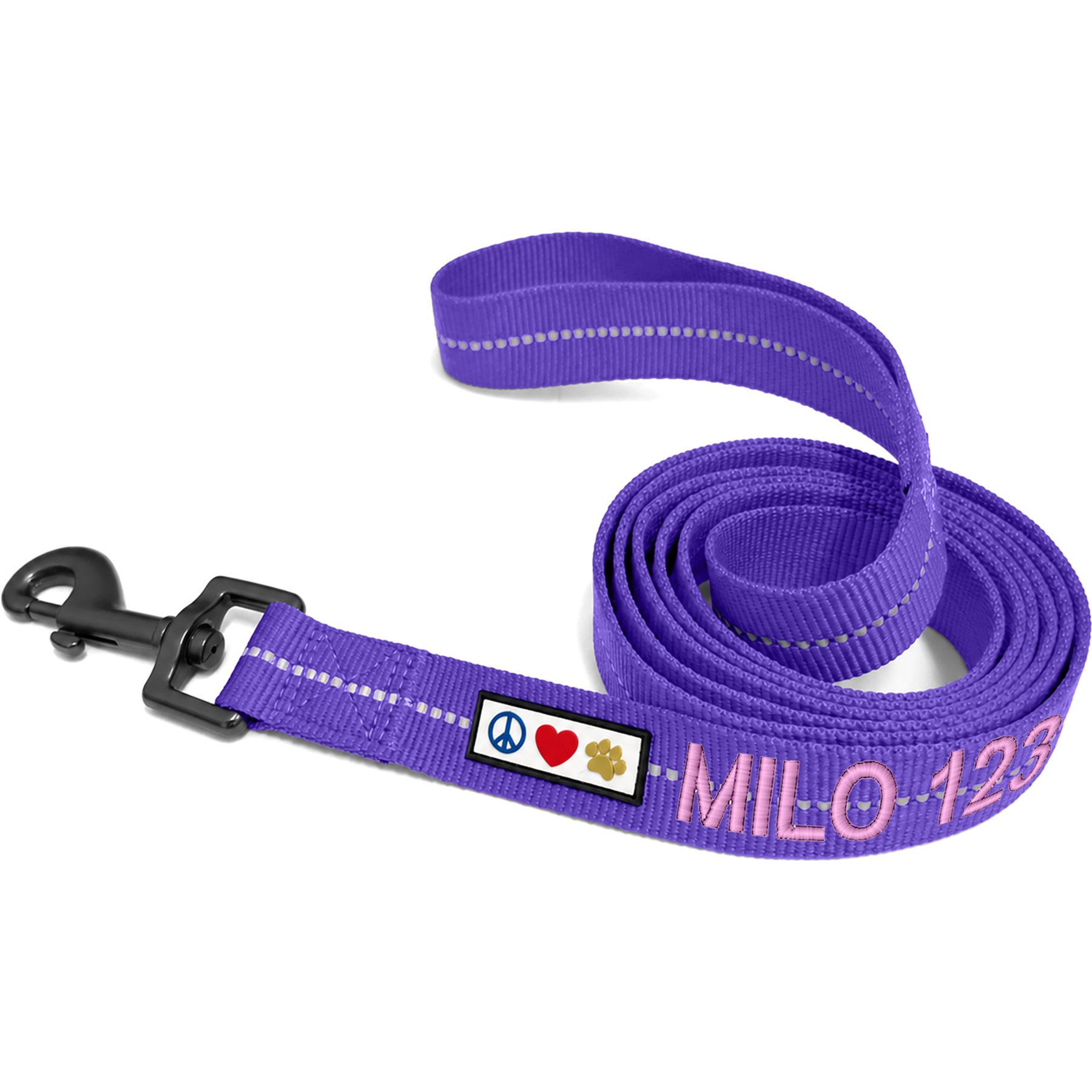 Pawtitas Custom Personalized Recycled Reflective Eco-Friendly Standard Dog Leash, Purple, Medium/Large: 6-ft long, 1-in wide