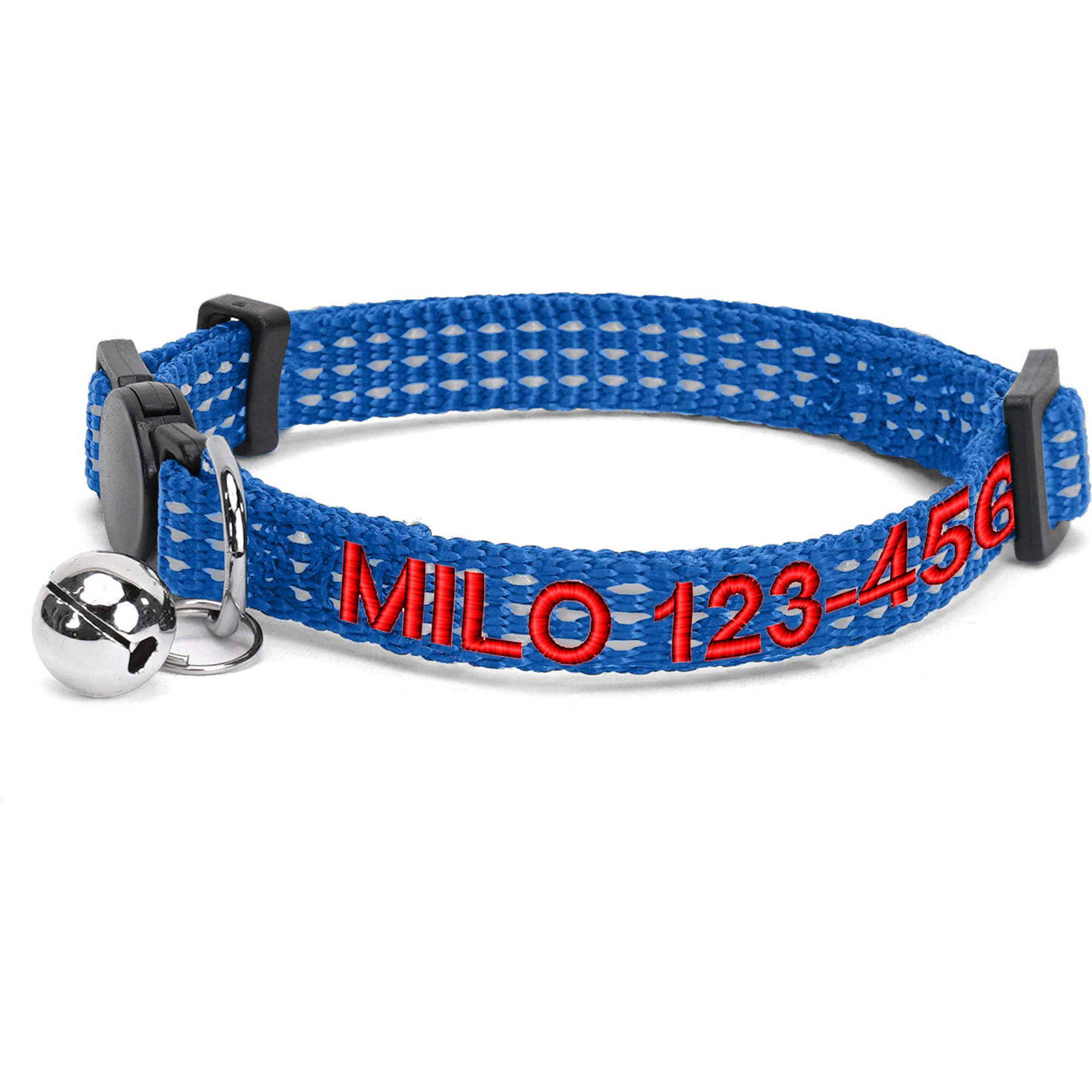 Pawtitas Custom Personalized Reflective Breakaway Cat Collar, 7 to 11-in neck, 3/8-in wide, Blue