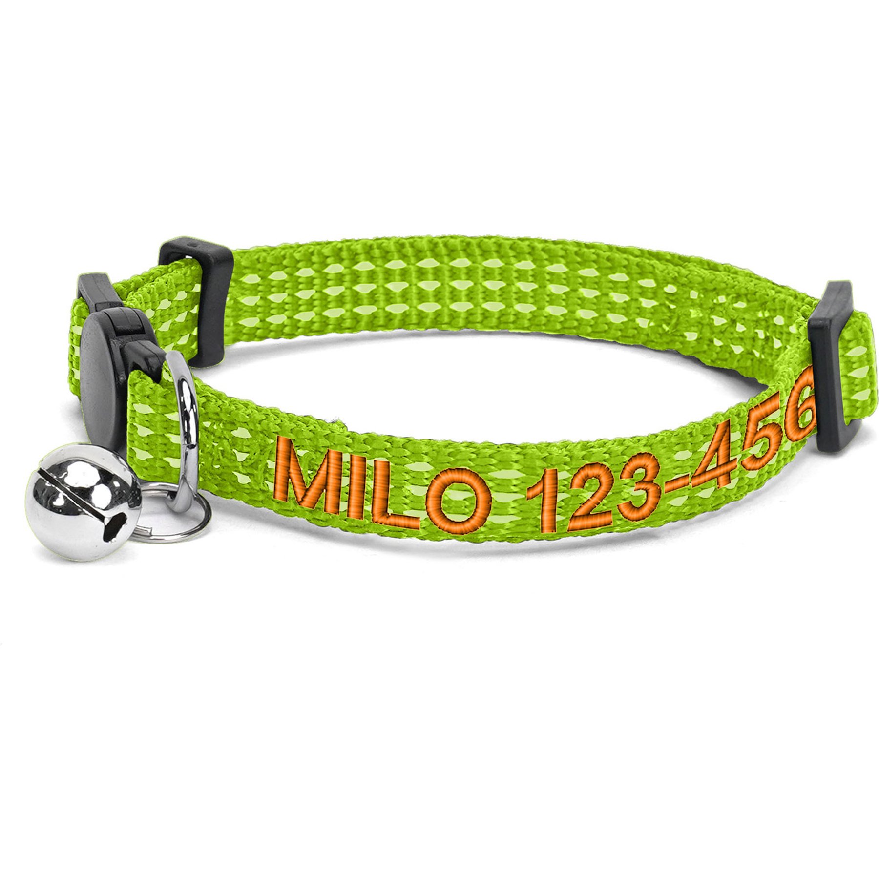Pawtitas Custom Personalized Reflective Breakaway Cat Collar, 7 to 11-in neck, 3/8-in wide, Green