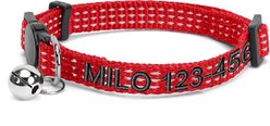 Pawtitas Custom Personalized Reflective Breakaway Cat Collar, 7 to 11-in neck, 3/8-in wide, Red