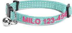 Pawtitas Custom Personalized Reflective Breakaway Cat Collar, 7 to 11-in neck, 3/8-in wide, Teal
