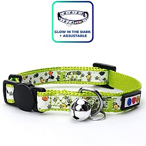 Pawtitas Glow in the Dark Nylon Breakaway Cat Collar with Bell, Green, 7 to 11-in neck, 3/8-in wide