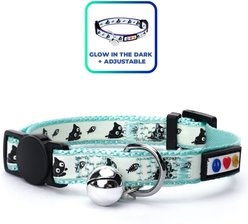Pawtitas Glow in the Dark Nylon Breakaway Cat Collar with Bell, Teal, 7 to 11-in neck, 3/8-in wide