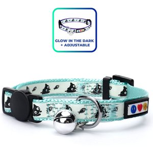 Pawtitas Glow in the Dark Nylon Breakaway Cat Collar with Bell, Teal, 7 to 11-in neck, 3/8-in wide
