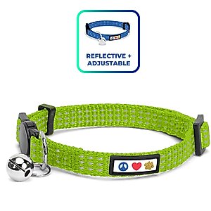 Pawtitas Nylon Reflective Breakaway Cat Collar with Bell, Green, 7 to 11-in neck, 3/8-in wide