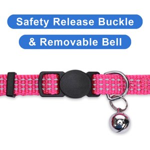 Pawtitas Nylon Reflective Breakaway Cat Collar with Bell, Pink, 7 to 11-in neck, 3/8-in wide