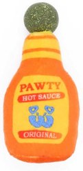 PAWTY TOYS Chili Sause Themed Squeaky Plush Cat Toy with Lickable Catnip, Orange
